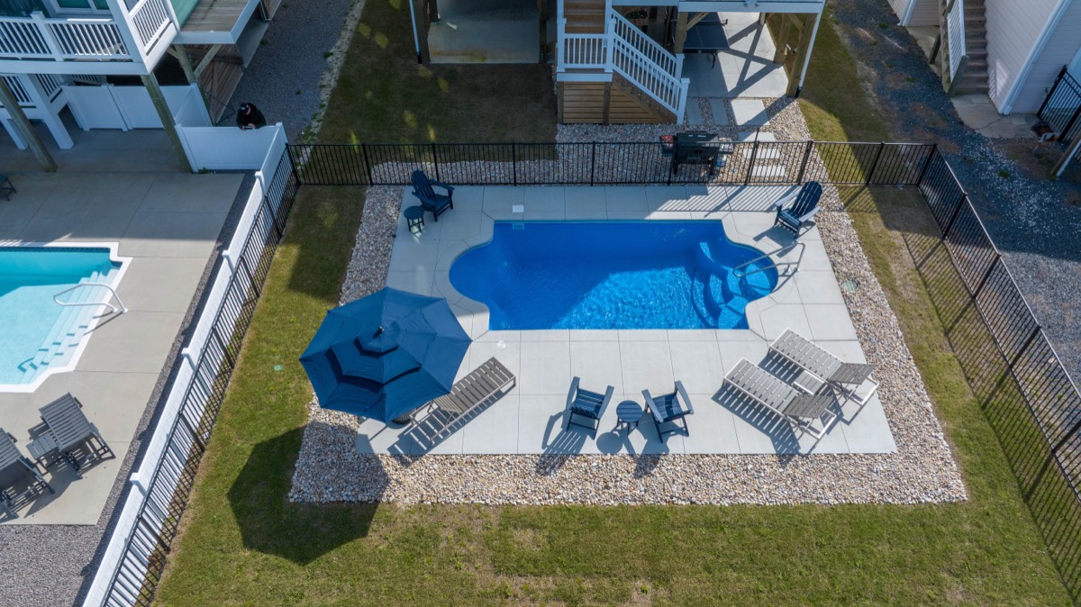 Overhead view of the pool deck and lounge area
