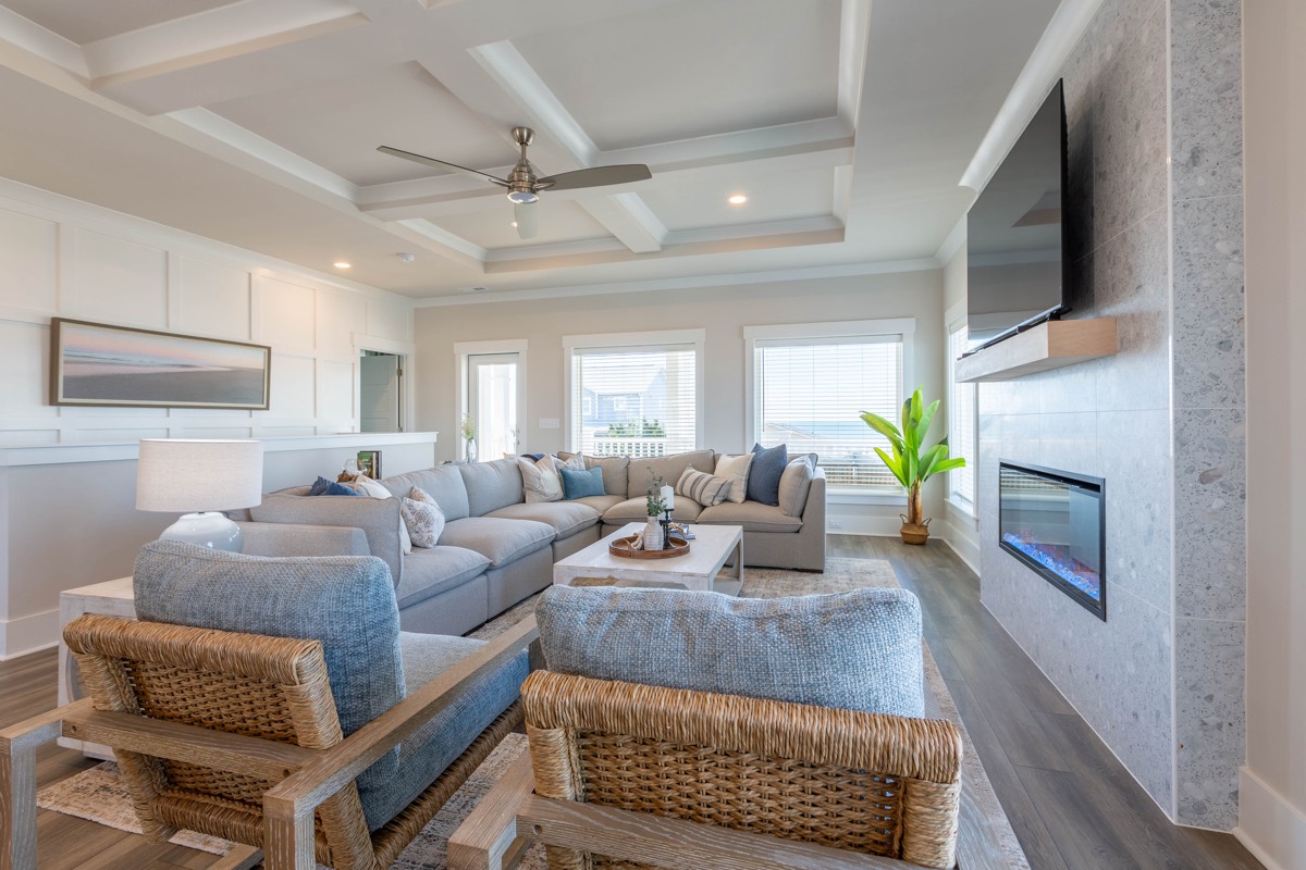 Living room with sectional sofa and fireplace