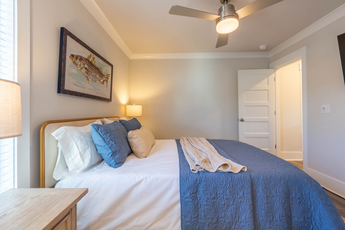 Bedroom with an upholstered headboard